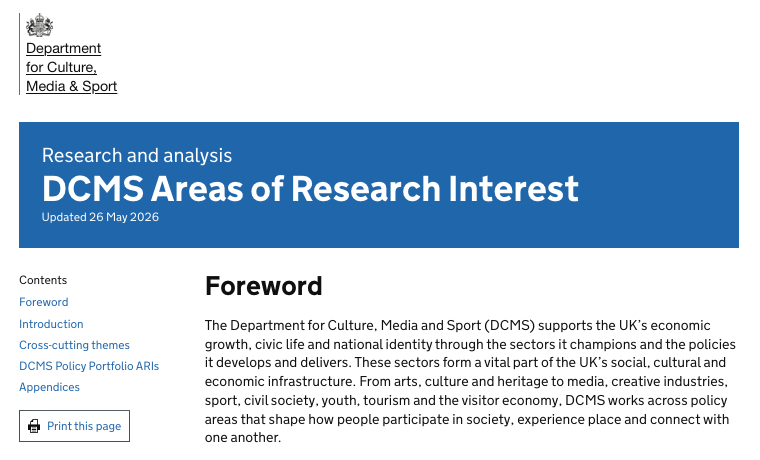 Screenshot of the GOV.UK page for DCMS Areas of Research Interest, published in May 2026