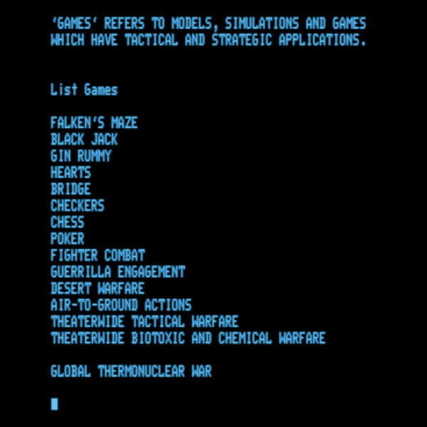 Joshua's game menu as presented to David in WarGames (1983).