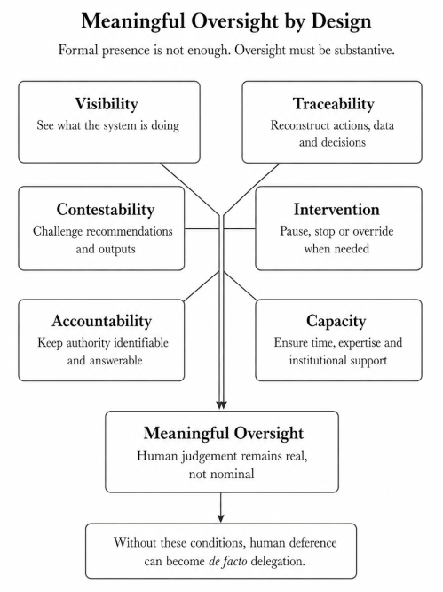 Diagram showing six conditions for meaningful human oversight: visibility, traceability, contestability, intervention, accountability and capacity.