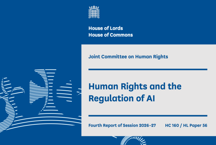 Cover of the Joint Committee on Human Rights report Human Rights and the Regulation of AI, published on 14 September 2026.