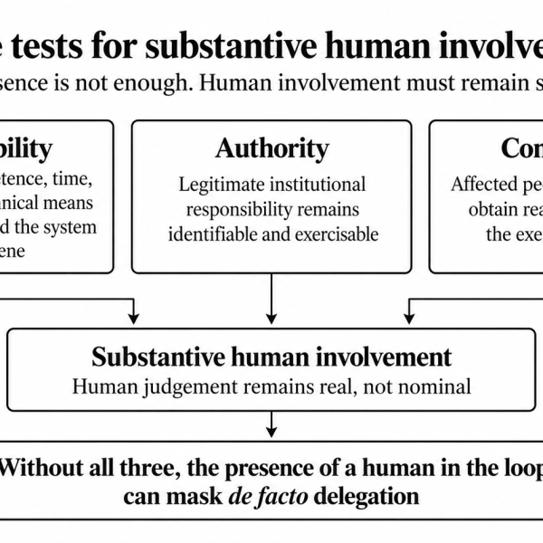 Diagram showing controllability, authority and contestability as three tests that together determine whether human involvement is substantive; without all three, a human in the loop can mask de facto delegation.